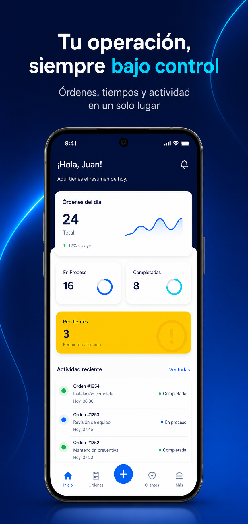 Material promocional de Mediland publicado en Google Play que presenta un resumen de órdenes y actividades en un teléfono